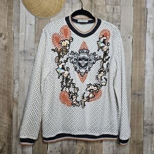 Martha Medeiros Silk Pullover Embellished Lace Embroidered Sweater Large Cream